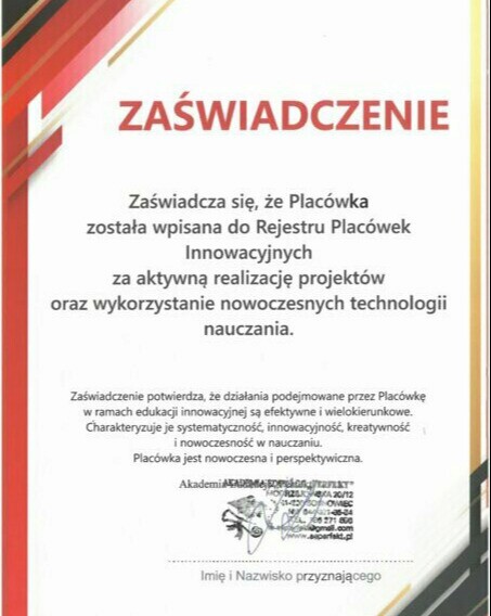 Rejestr Placówek Innowacyjnych - Certyfikat 