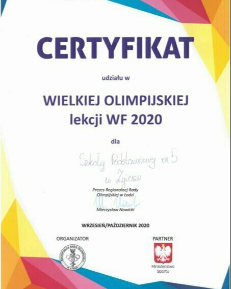 Certyfikat Wielkiej Olimpijskiej Lekcji W-F