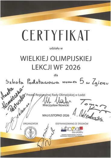 Certyfikat udziału w Wielkiej Olimpijskiej Lekcji WF 2026