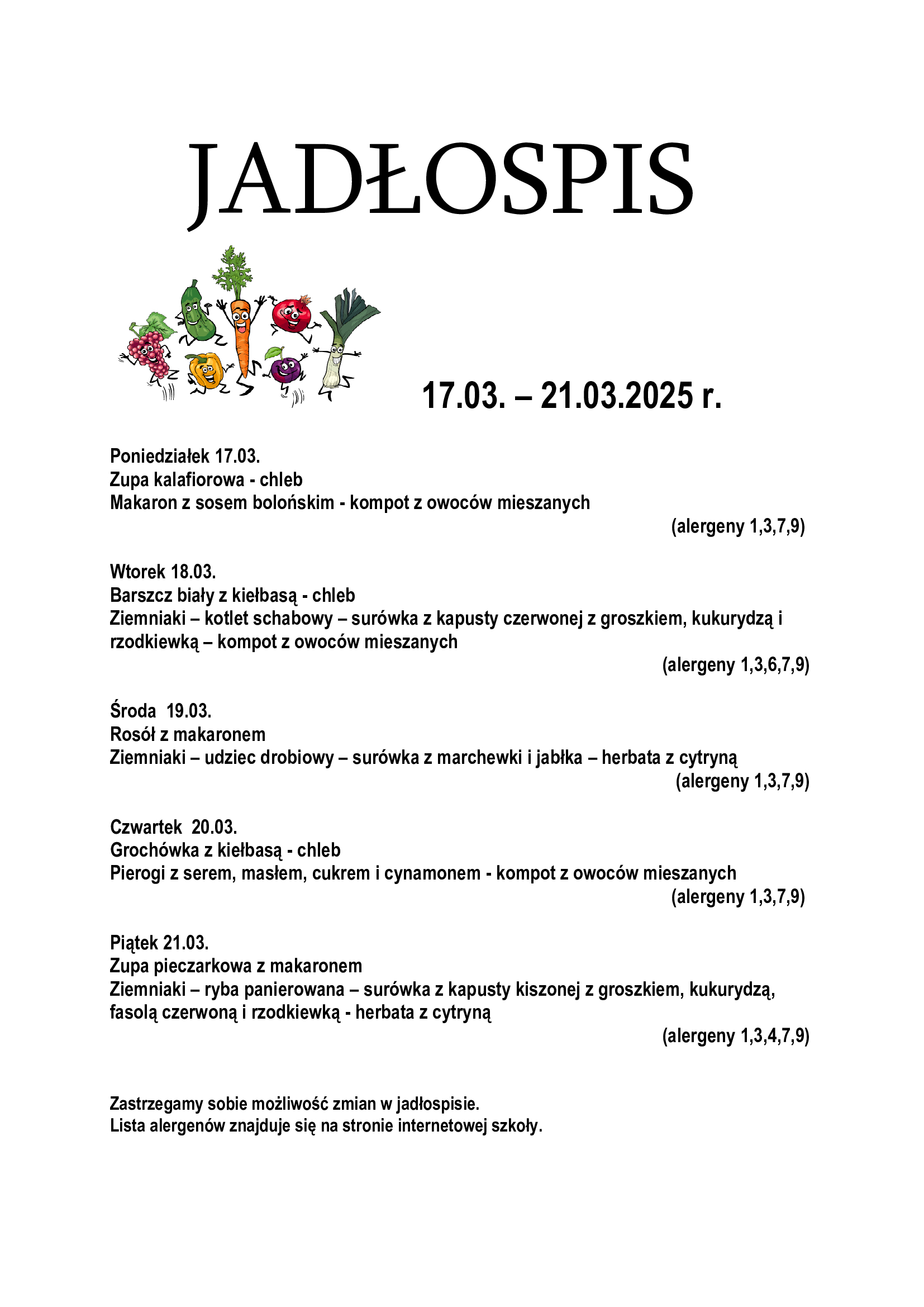 Jadłospis na dany tydzień.