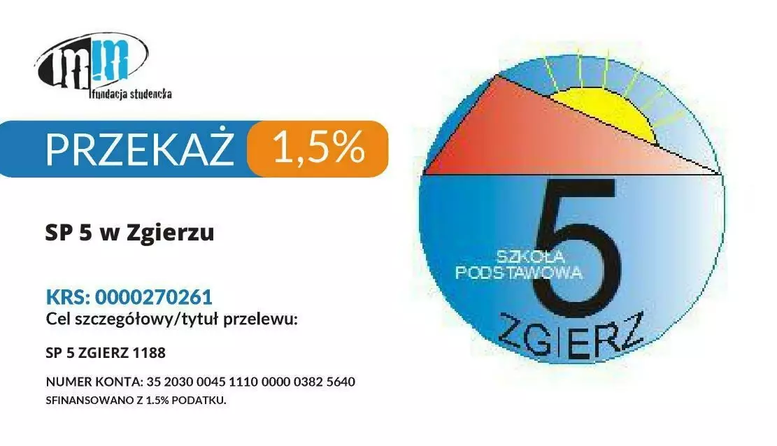 Wizytówka przekazania 1,5% na SP5 w Zgierzu.